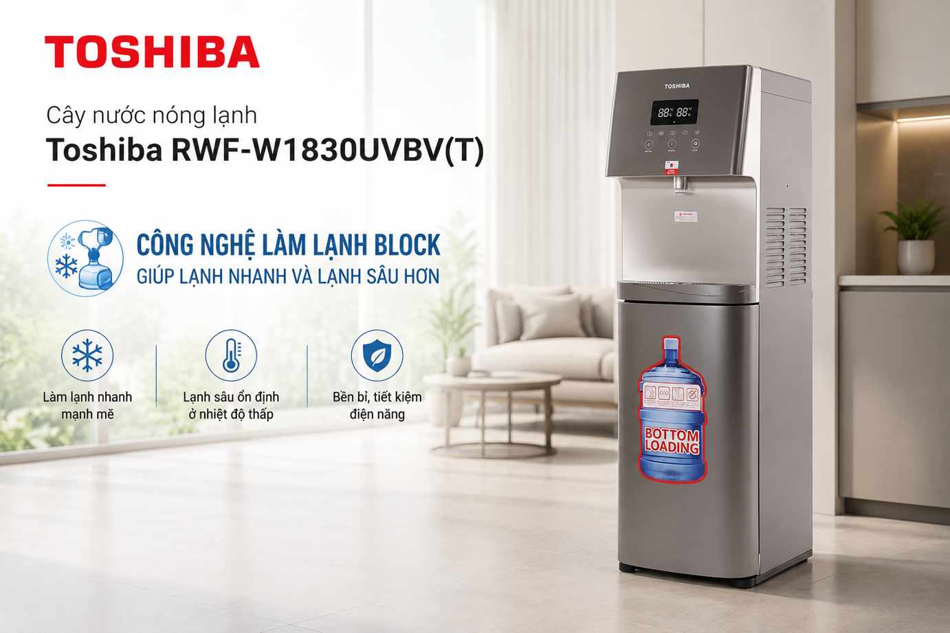 Cây nước nóng lạnh Toshiba RWF-W1830UVBV(T) công nghệ làm lạnh Block